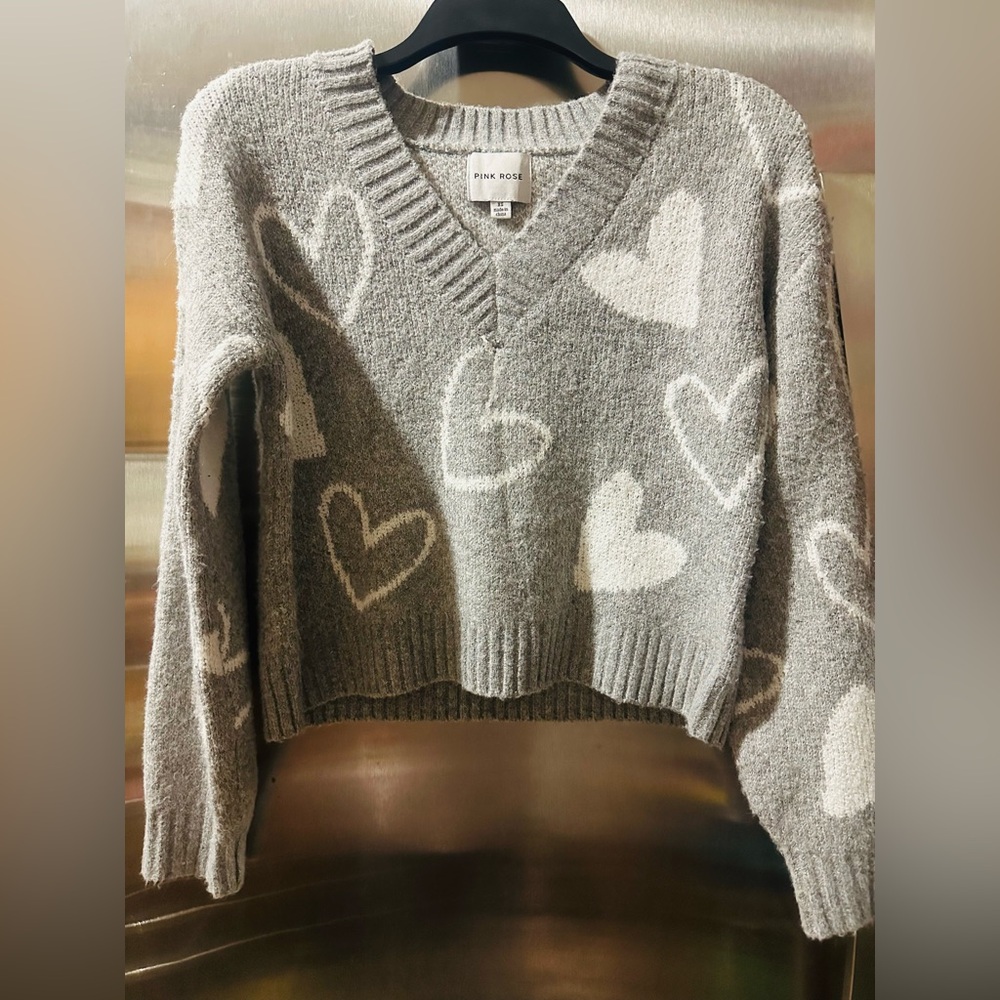 Pink Rose V-Neck Sweater with Heart Pattern